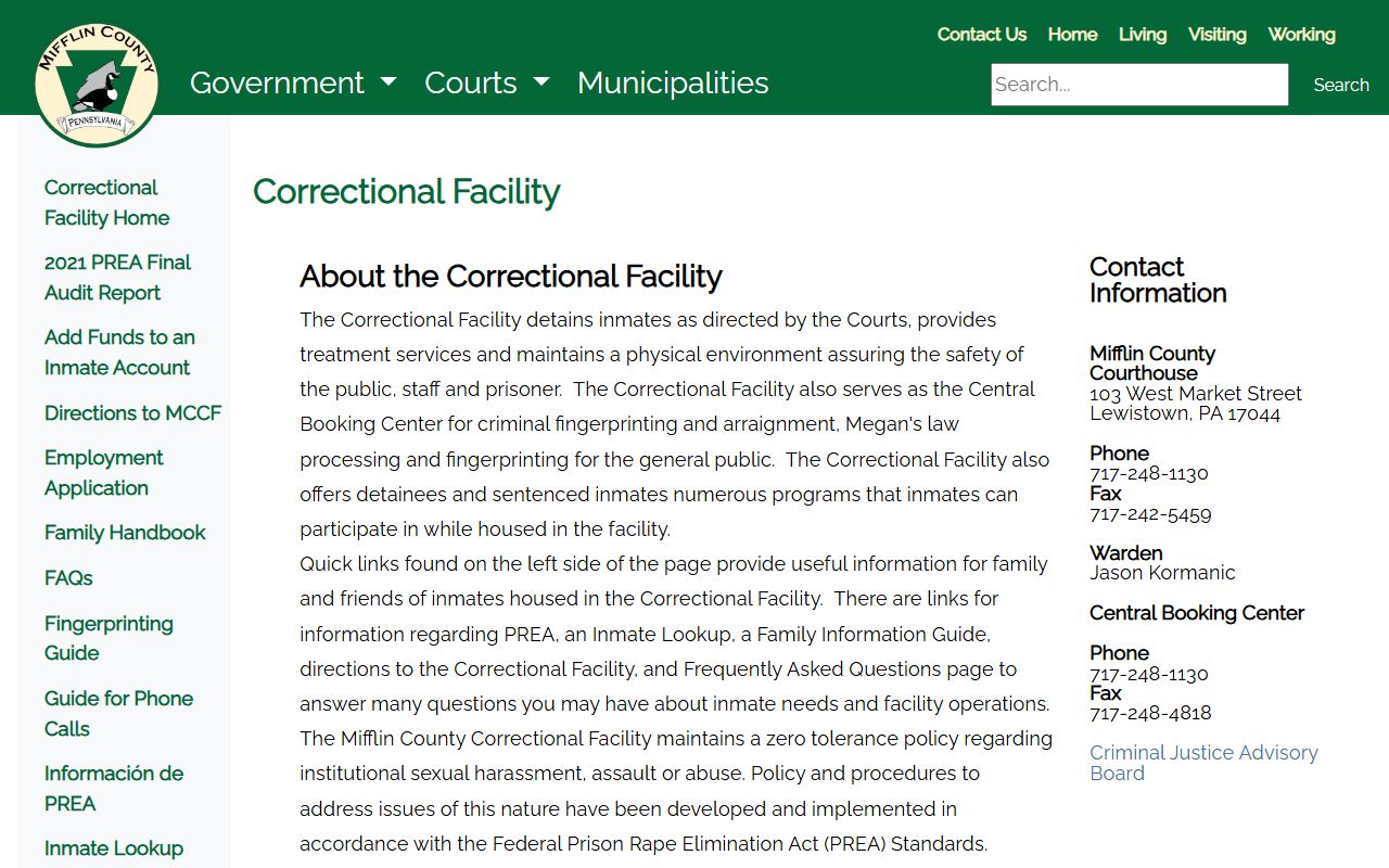 Mifflin County Correctional Facility page for Juniata County jail custody