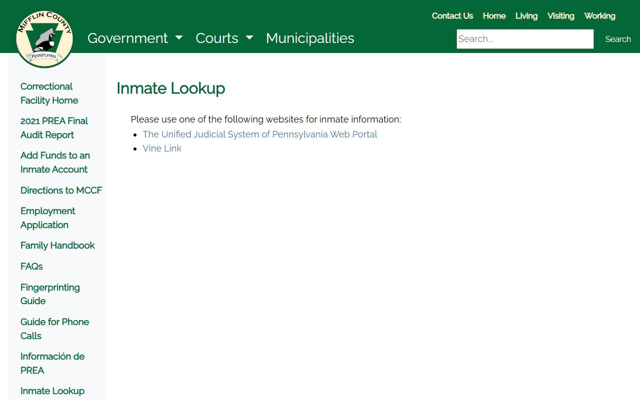 Juniata County inmate lookup path through the MCCF inmate lookup page