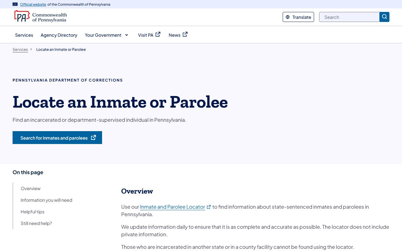 Juniata County state prison inmate search through the Pennsylvania DOC locator service